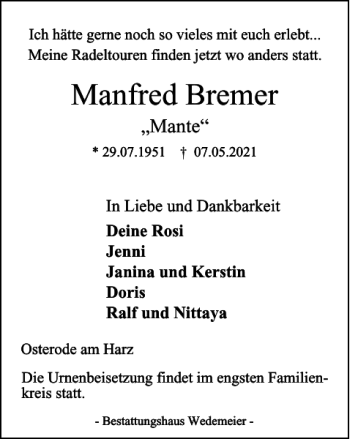 Traueranzeige von Manfred Bremer von Harz Kurier