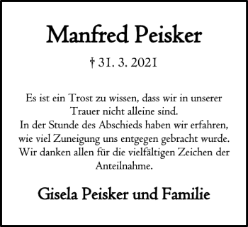 Traueranzeige von Manfred Peisker von Harz Kurier