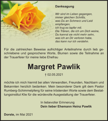 Traueranzeige von Margret Pawlik von Harz Kurier