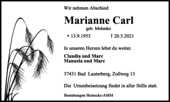 Traueranzeige von Marianne Carl von Harz Kurier