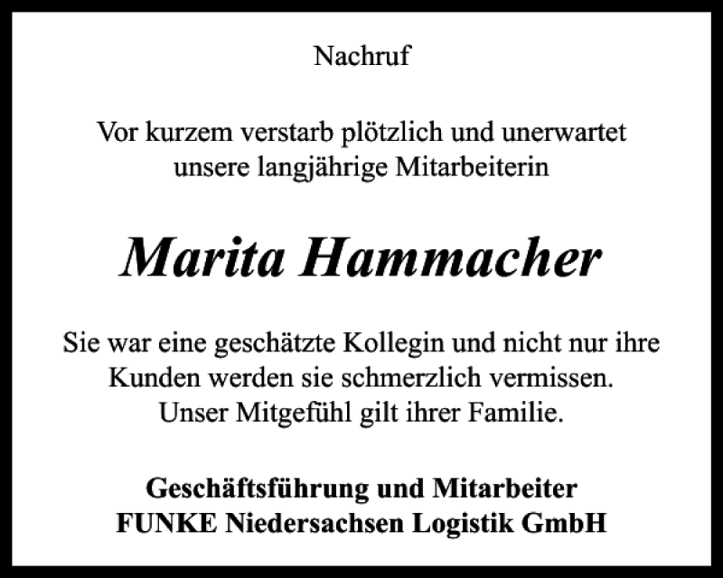  Traueranzeige für Marita Hammacher vom 08.05.2021 aus Harz Kurier