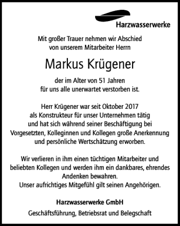 Traueranzeige von Markus Krügener von Harz Kurier