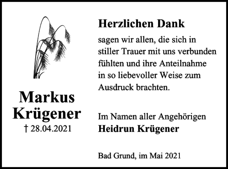  Traueranzeige für Markus Krügener vom 28.05.2021 aus Harz Kurier