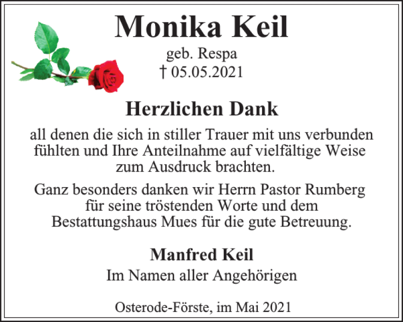 Traueranzeige für Monika Keil vom 29.05.2021 aus Harz Kurier