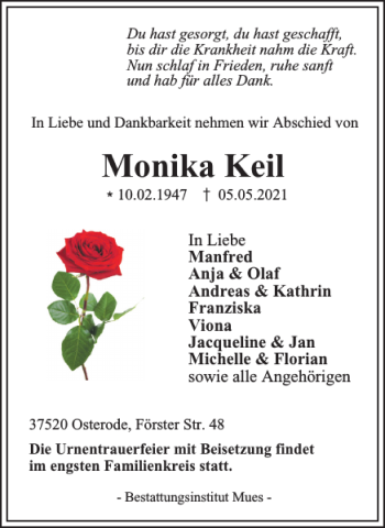 Traueranzeige von Monika Keil von Harz Kurier