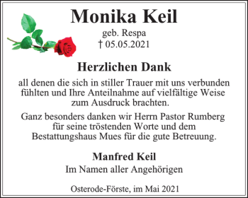 Traueranzeige von Monika Keil von Harz Kurier