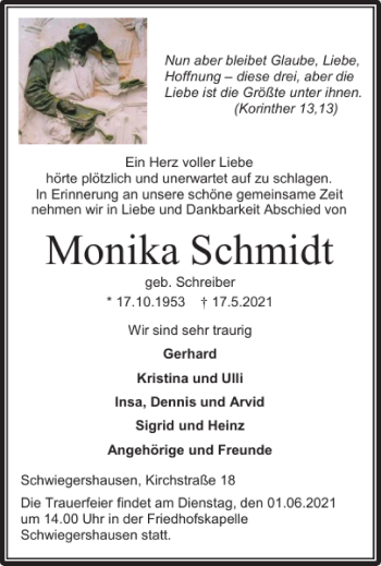 Traueranzeige von Monika Schmidt von Harz Kurier