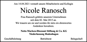 Traueranzeige von Nicole Ranosch von Harz Kurier
