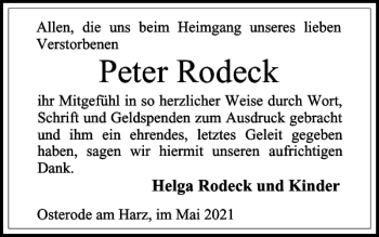Traueranzeige von Peter Rodeck von Harz Kurier
