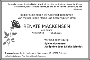 Traueranzeige von RENATE MACKENSEN von Harz Kurier