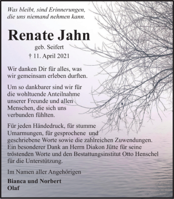 Traueranzeige von Renate Jahn von Harz Kurier