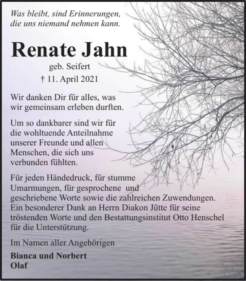  Traueranzeige für Renate Jahn vom 07.05.2021 aus Harz Kurier