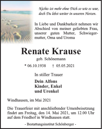 Traueranzeige von Renate Krause von Harz Kurier