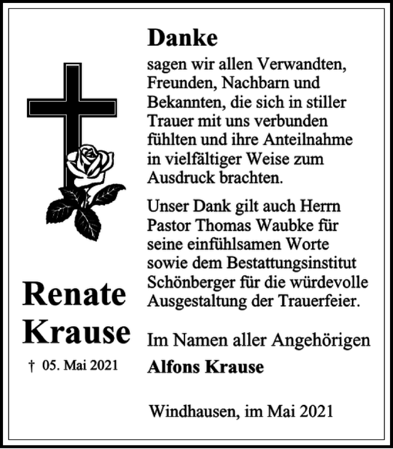  Traueranzeige für Renate Krause vom 29.05.2021 aus Harz Kurier