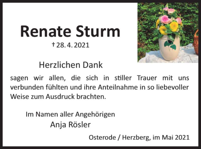  Traueranzeige für Renate Sturm vom 22.05.2021 aus Harz Kurier