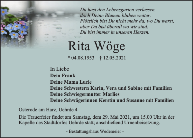  Traueranzeige für Rita Wöge vom 22.05.2021 aus Harz Kurier