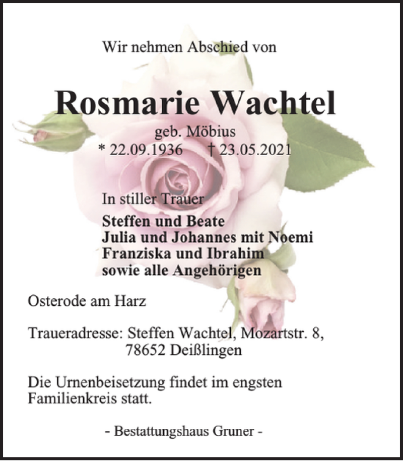  Traueranzeige für Rosmarie Wachtel vom 27.05.2021 aus Harz Kurier