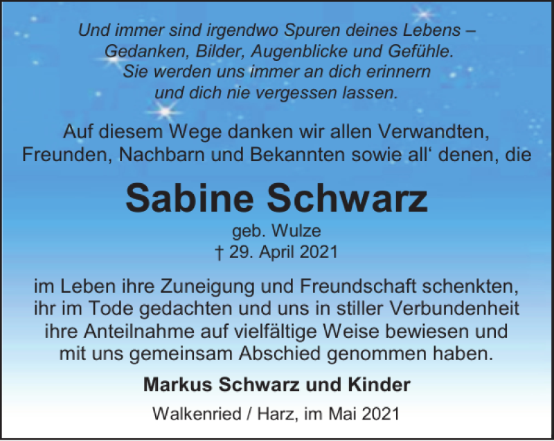  Traueranzeige für Sabine Schwarz vom 22.05.2021 aus Harz Kurier