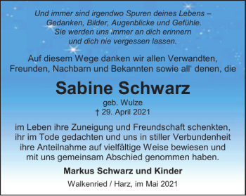 Traueranzeige von Sabine Schwarz von Harz Kurier