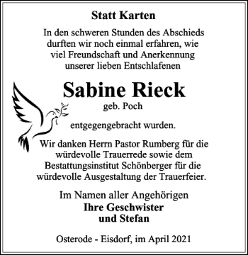 Traueranzeige von Sabine Rieck S von Harz Kurier