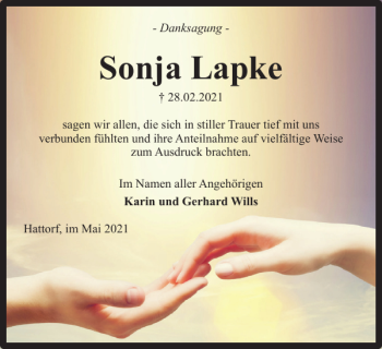 Traueranzeige von Sonja Lapke von Harz Kurier