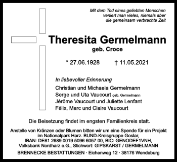 Traueranzeige von Theresita Germelmann von Harz Kurier