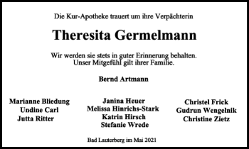 Traueranzeige von Theresita Germelmann von Harz Kurier