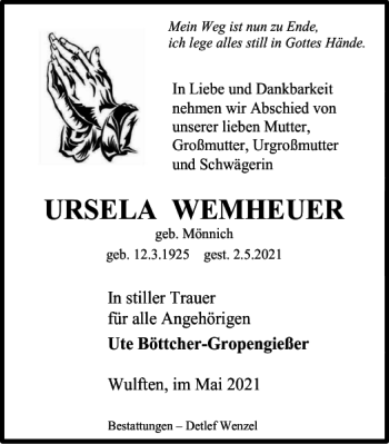 Traueranzeige von URSELA WEMHEUER von Harz Kurier
