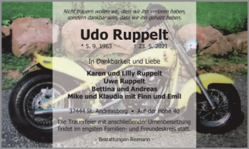 Traueranzeige von Udo Ruppelt von Harz Kurier