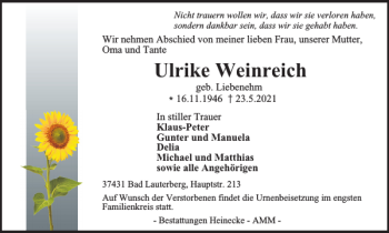 Traueranzeige von Ulrike Weinreich von Harz Kurier