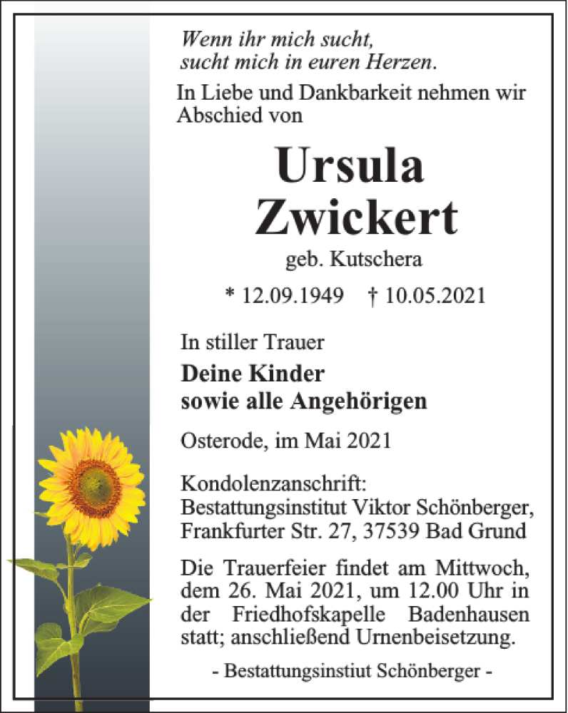  Traueranzeige für Ursula Zwickert vom 19.05.2021 aus Harz Kurier
