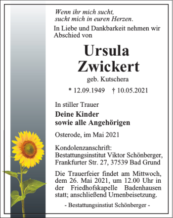 Traueranzeige von Ursula Zwickert von Harz Kurier