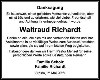 Traueranzeige von Waltraud Richardt von Harz Kurier