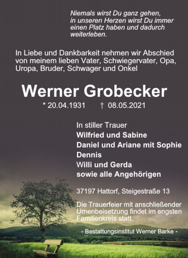  Traueranzeige für Werner Grobecker vom 12.05.2021 aus Harz Kurier