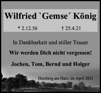 Traueranzeige von Wilfried Gemse König von Harz Kurier