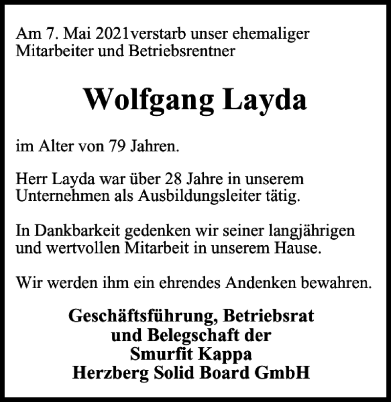  Traueranzeige für Wolfgang Layda vom 15.05.2021 aus Harz Kurier
