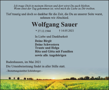Traueranzeige von Wolfgang Sauer von Harz Kurier