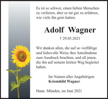 Traueranzeige von Adolf Wagner von Harz Kurier