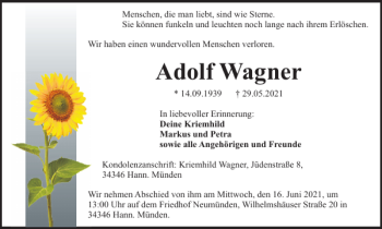 Traueranzeige von Adolf Wagner von Harz Kurier