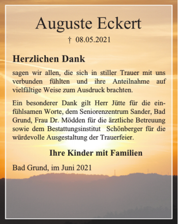 Traueranzeige von Auguste Eckert von Harz Kurier