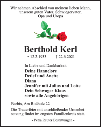 Traueranzeige von Berthold Kerl von Harz Kurier