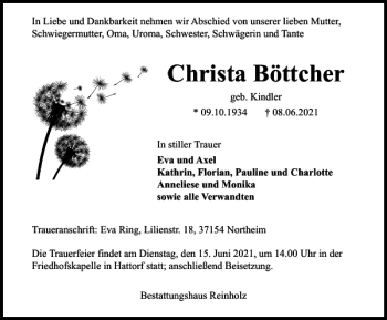 Traueranzeige von Christa Böttcher von Harz Kurier