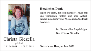 Traueranzeige von Christa Giczella von Harz Kurier