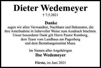 Traueranzeige von Dieter Wedemeyer von Harz Kurier