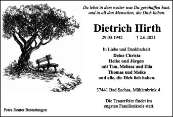 Traueranzeige von Dietrich Hirth von Harz Kurier