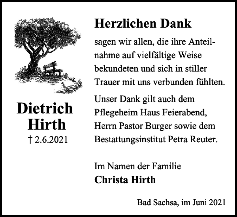  Traueranzeige für Dietrich Hirth vom 26.06.2021 aus Harz Kurier