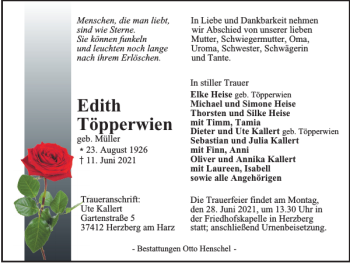 Traueranzeige von Edith Töpperwien von Harz Kurier