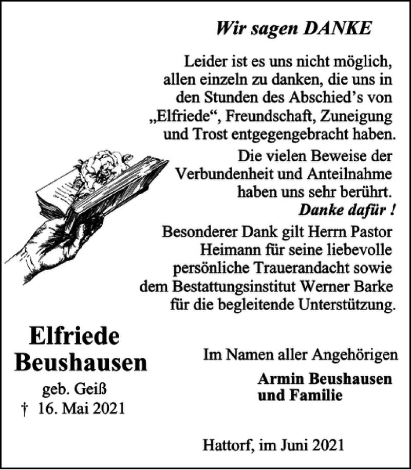 Traueranzeige für Elfriede Beushausen vom 26.06.2021 aus Harz Kurier