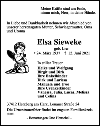 Traueranzeige von Elsa Sieweke von Harz Kurier