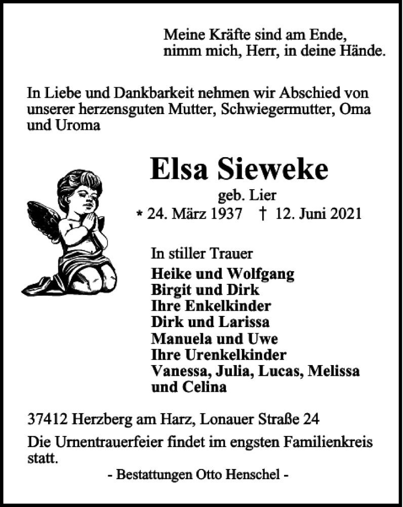 Traueranzeige für Elsa Sieweke vom 19.06.2021 aus Harz Kurier